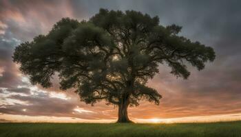 AI generated a lone tree stands in a field during a dramatic sunset photo