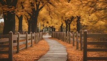 AI generated a wooden pathway in the fall with trees and leaves photo