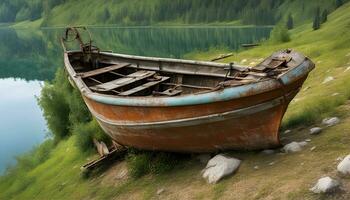 ai generado un barco es sentado en el apuntalar de un lago foto