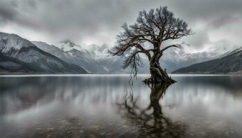 AI generated a lone tree stands in the middle of a lake photo