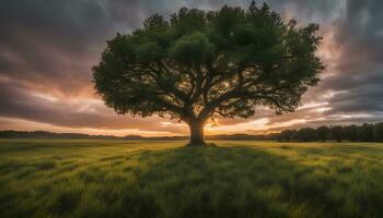 ai generado un árbol soportes en un campo con un dramático puesta de sol foto