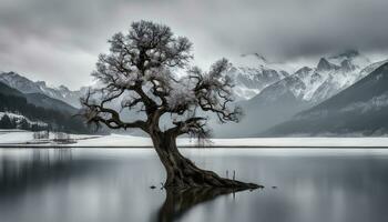 AI generated a lone tree in the middle of a lake photo