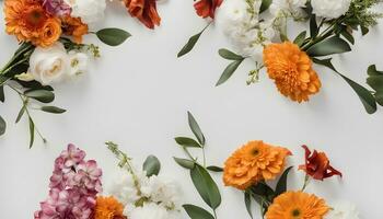 AI generated flowers arranged in a circle on a white surface photo