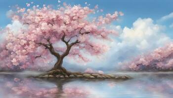 ai generado un pintura de un árbol con rosado flores foto