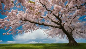 ai generado un grande rosado Cereza árbol en el medio de un campo foto