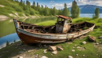 AI generated a boat is sitting on the shore of a lake photo