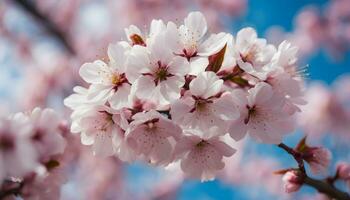 AI generated cherry blossoms on a tree in front of a blue sky photo