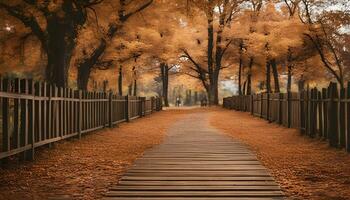 AI generated a wooden pathway in the middle of an autumn park photo