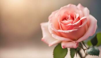 AI generated a single pink rose is shown in front of a blurred background photo