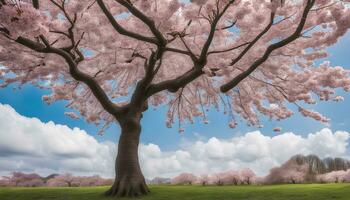 AI generated a large pink tree with pink flowers in the middle of a field photo