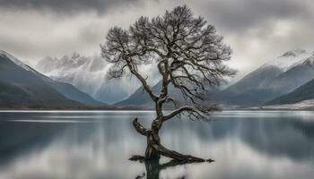 AI generated a lone tree stands in the middle of a lake photo