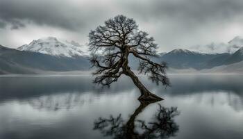 ai generado un solitario árbol en el medio de un lago foto