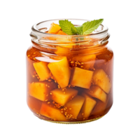 AI generated Delicious mango pickle in glass jar png isolated on transparent background