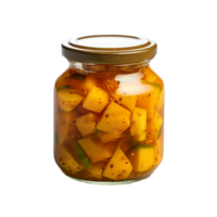 ai gegenereerd heerlijk mango augurk in glas pot PNG geïsoleerd Aan transparant achtergrond