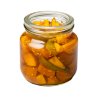 ai gegenereerd heerlijk mango augurk in glas pot PNG geïsoleerd Aan transparant achtergrond