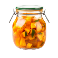 AI generated Delicious mango pickle in glass jar png isolated on transparent background