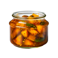 ai gegenereerd heerlijk mango augurk in glas pot PNG geïsoleerd Aan transparant achtergrond