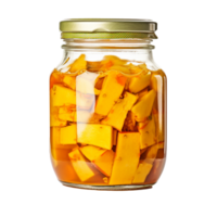 ai generiert köstlich Mango Essiggurke im Glas Krug png isoliert auf transparent Hintergrund