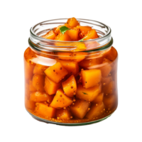 AI generated Delicious mango pickle in glass jar png isolated on transparent background