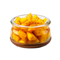 ai gegenereerd heerlijk mango augurk in glas pot PNG geïsoleerd Aan transparant achtergrond