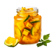 ai gegenereerd heerlijk mango augurk in glas pot PNG geïsoleerd Aan transparant achtergrond