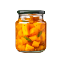 AI generated Delicious mango pickle in glass jar png isolated on transparent background