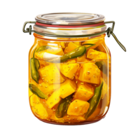 AI generated Delicious mango pickle in glass jar png isolated on transparent background