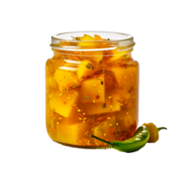 AI generated Delicious mango pickle in glass jar png isolated on transparent background