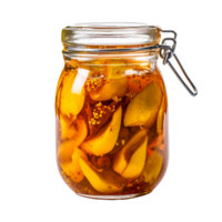 AI generated Delicious mango pickle in glass jar png isolated on transparent background