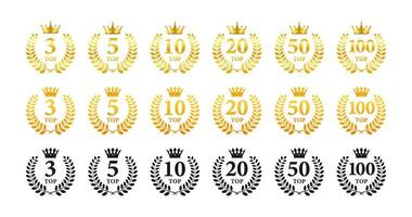 Vector set of top rank insignias with golden laurel wreaths and crowns, representing different levels of achievement