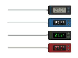 Digital kitchen thermometers with temperature display in various colors, vector illustration set for culinary and cooking use