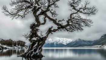 ai generado un solitario árbol en el medio de un lago con nieve en eso foto