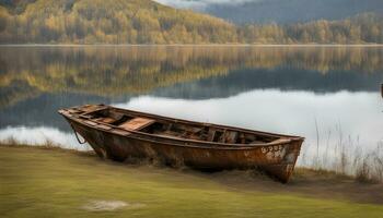 AI generated a boat is sitting on the shore of a lake photo