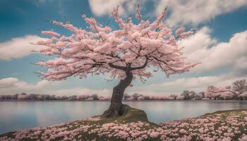 AI generated a pink cherry tree stands in front of a lake photo