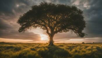 ai generado un solitario árbol soportes en un campo a puesta de sol foto