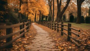 AI generated path in autumn with wooden fence and trees photo