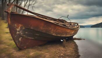 ai generado un oxidado barco es sentado en el apuntalar de un lago foto