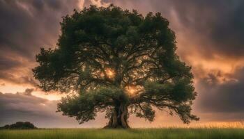 ai generado un grande árbol en un campo con un dramático puesta de sol foto