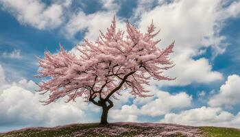 ai generado un soltero rosado árbol soportes en parte superior de un colina foto