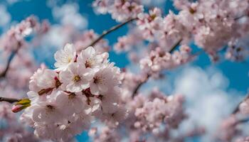 AI generated cherry blossoms are blooming in front of a blue sky photo