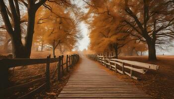 AI generated a wooden path leads to a foggy field photo