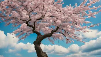 ai generado un árbol con rosado flores en el cielo foto