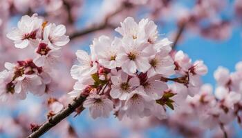 ai generado Cereza flores en un árbol en frente de un azul cielo foto
