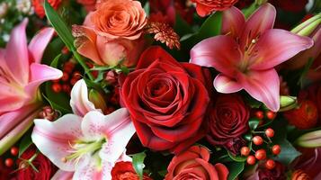 AI generated Bouquets of red roses, delicate lilies, and aromatic petals photo