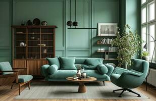 ai generado vivo habitación en verde color con madera mueble foto