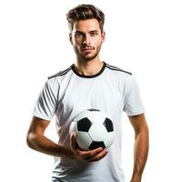 AI generated Handsome soccer player with ball in hand isolated photo