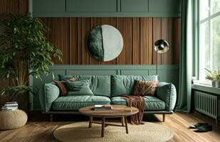 AI generated living room in green color with wood furniture photo