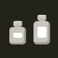 Gray medicine jars with screw-on lids and white labels. Jars of different size and volume. Icons vector