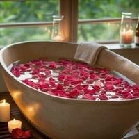 AI generated Rose-petal-filled Tub, Candles, and Aromatic Essential Oils photo