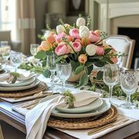 AI generated Elegant Easter Table Setting with Fresh Florals and Seasonal Centerpiece photo